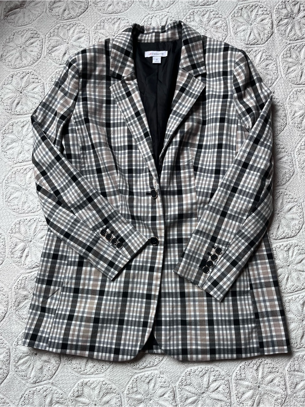 NWOT Liz Claiborne blazer plaid gray tan black white 12 large office academia